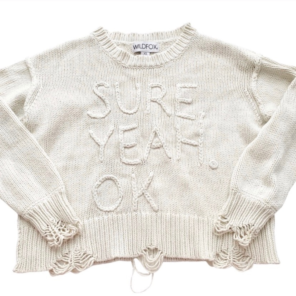 WILDFOX Chunky Knit Distressed “Sure Yeah Ok” Graphic Oversized Sweater Cream - Picture 5 of 16